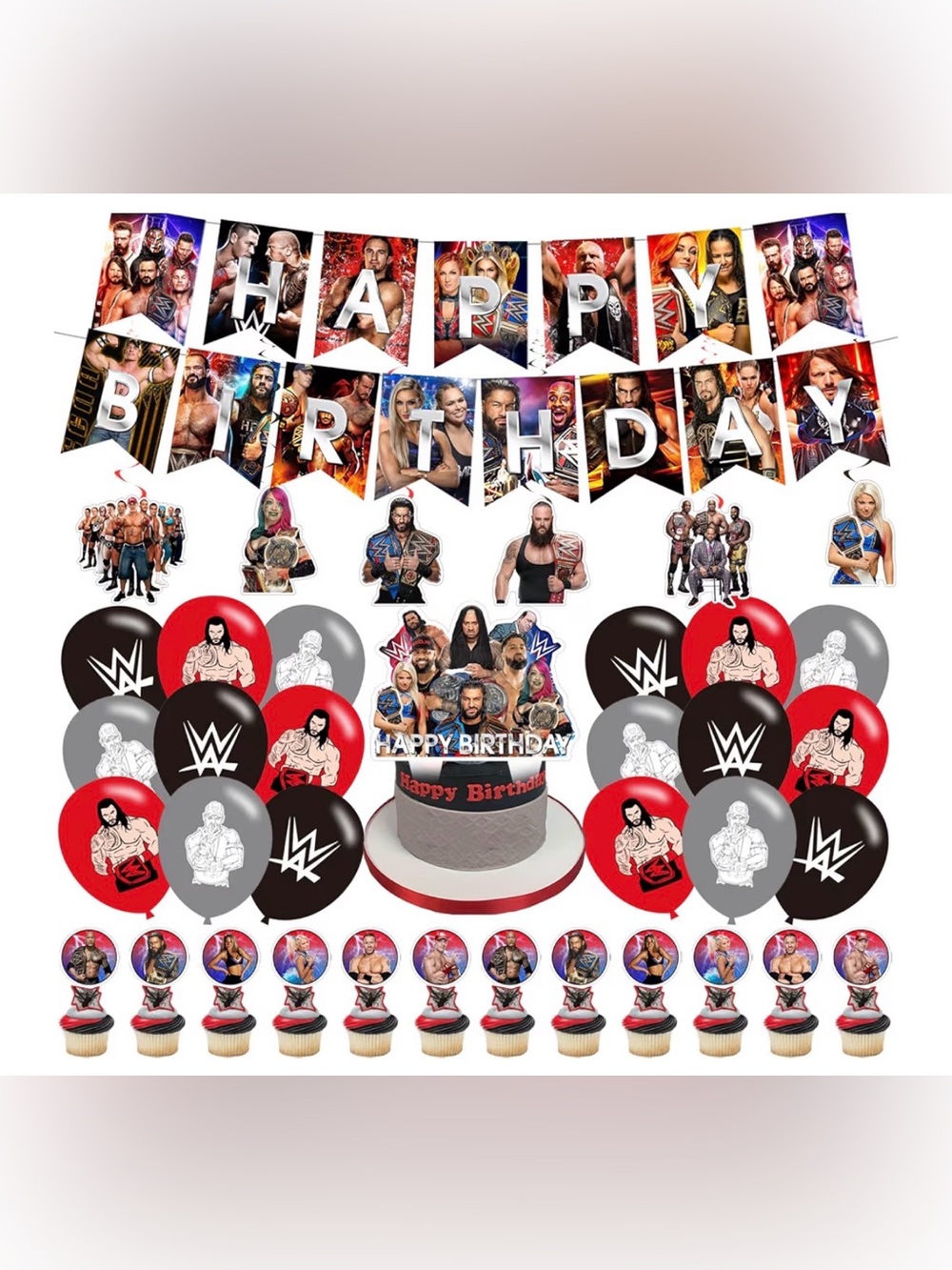 WWE Birthday Party Decorations Kit - Red, Black, Gray